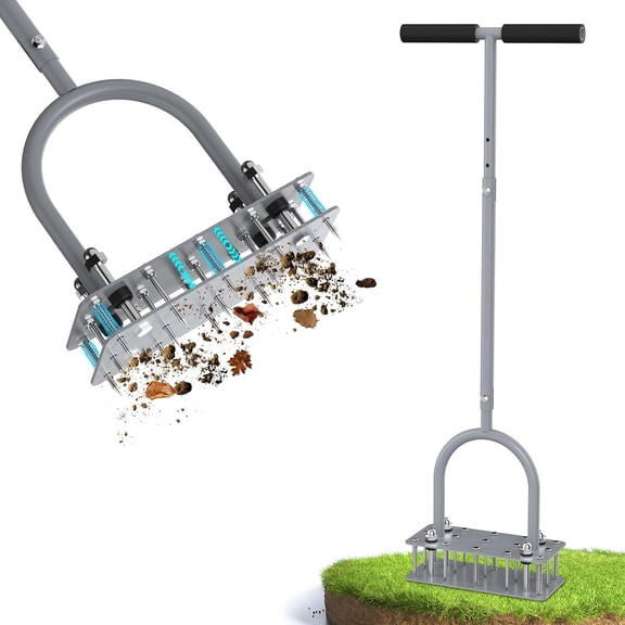 Manual Lawn Aerator Tool With 15 Spikes  32"-35" Adjustable T-handle For Automatic Dirt Ejection Design Heavy Duty Yard Grass Soil Compaction Gray