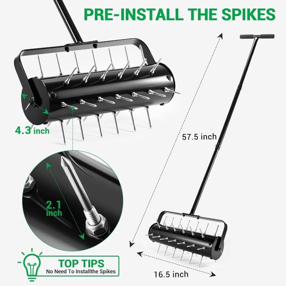 Manual Lawn Aerator Upgraded Spike Rolling Hand Lawn Aerator for Compacted Soils and Lawns, Push Spike Aeration with 2.1 Inch Solid Steel Spikes Garden Aerator Tool