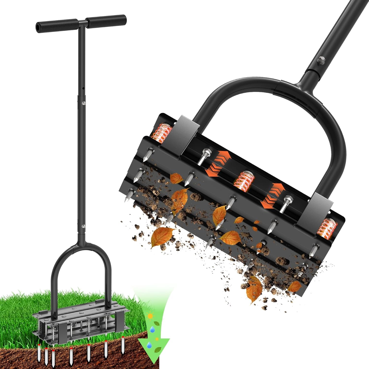 Manual Lawn Aerator with 15 Spikes Adjustable T-Handle Reinforced Heavy Duty 2-in-1 Grass and Soil Aerator Tool