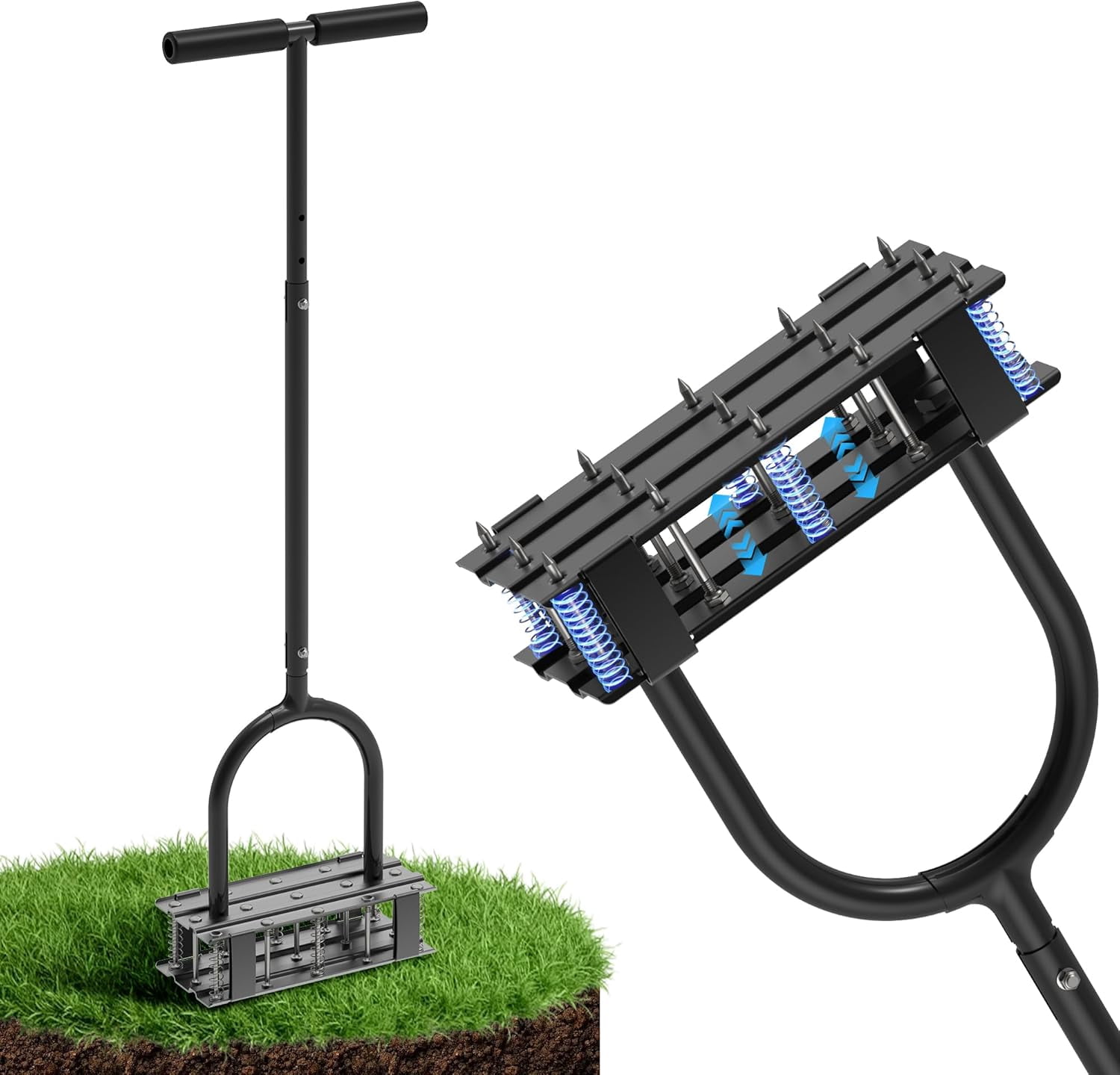 Manual Lawn Aerator with 15 Spikes Adjustable T-Handle Reinforced Heavy Duty 2-in-1 Grass and Soil Aerator Tool