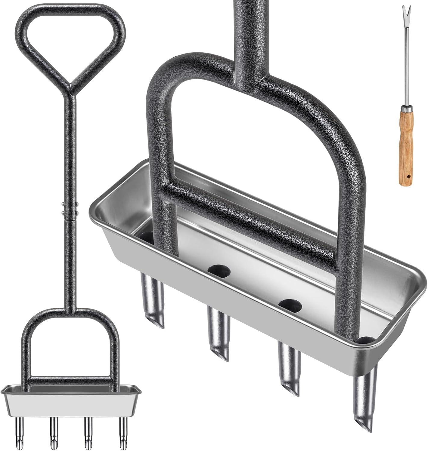 Manual Lawn Aerator with 4 Stainless Steel Coring Tines, Soil Core Storage Tray, and Pre-Assembled Handle for Healthier Grass