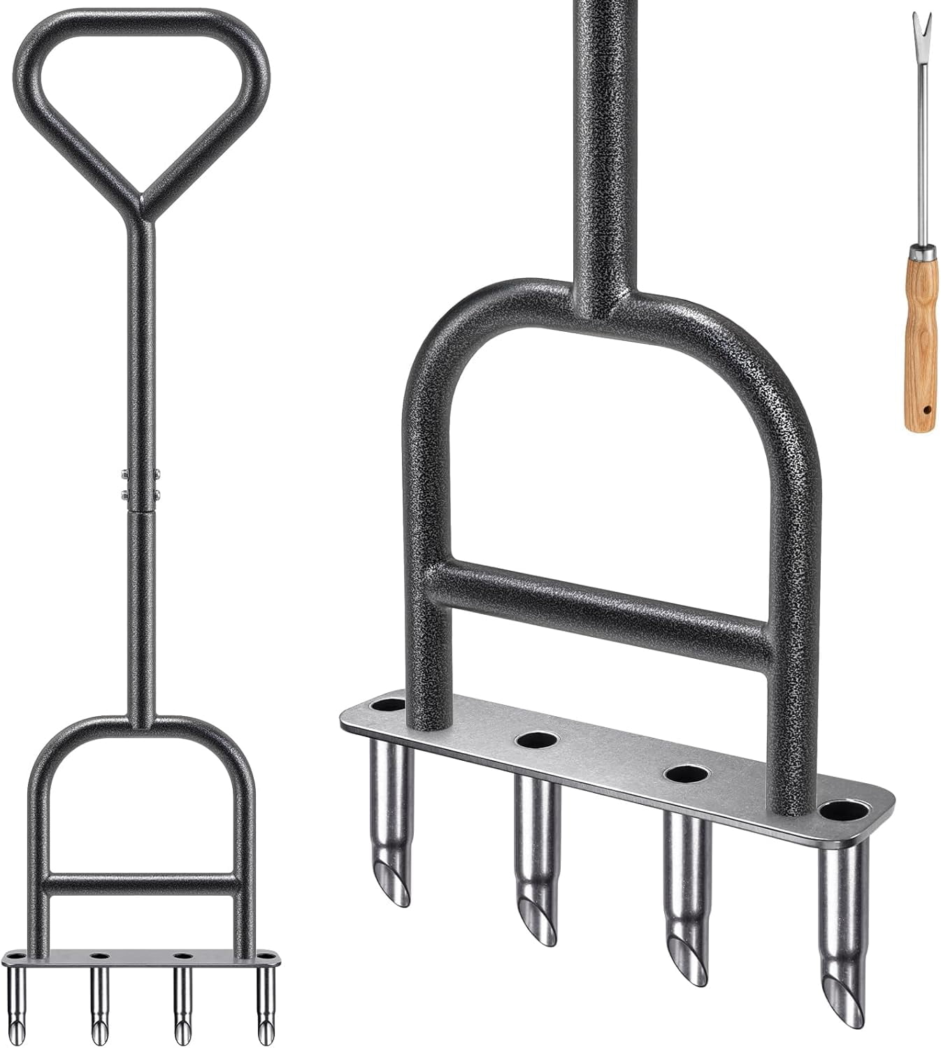 Manual Lawn Aerator with 4 Stainless Steel Coring Tines, Soil Core Storage Tray, and Pre-Assembled Handle for Healthier Grass