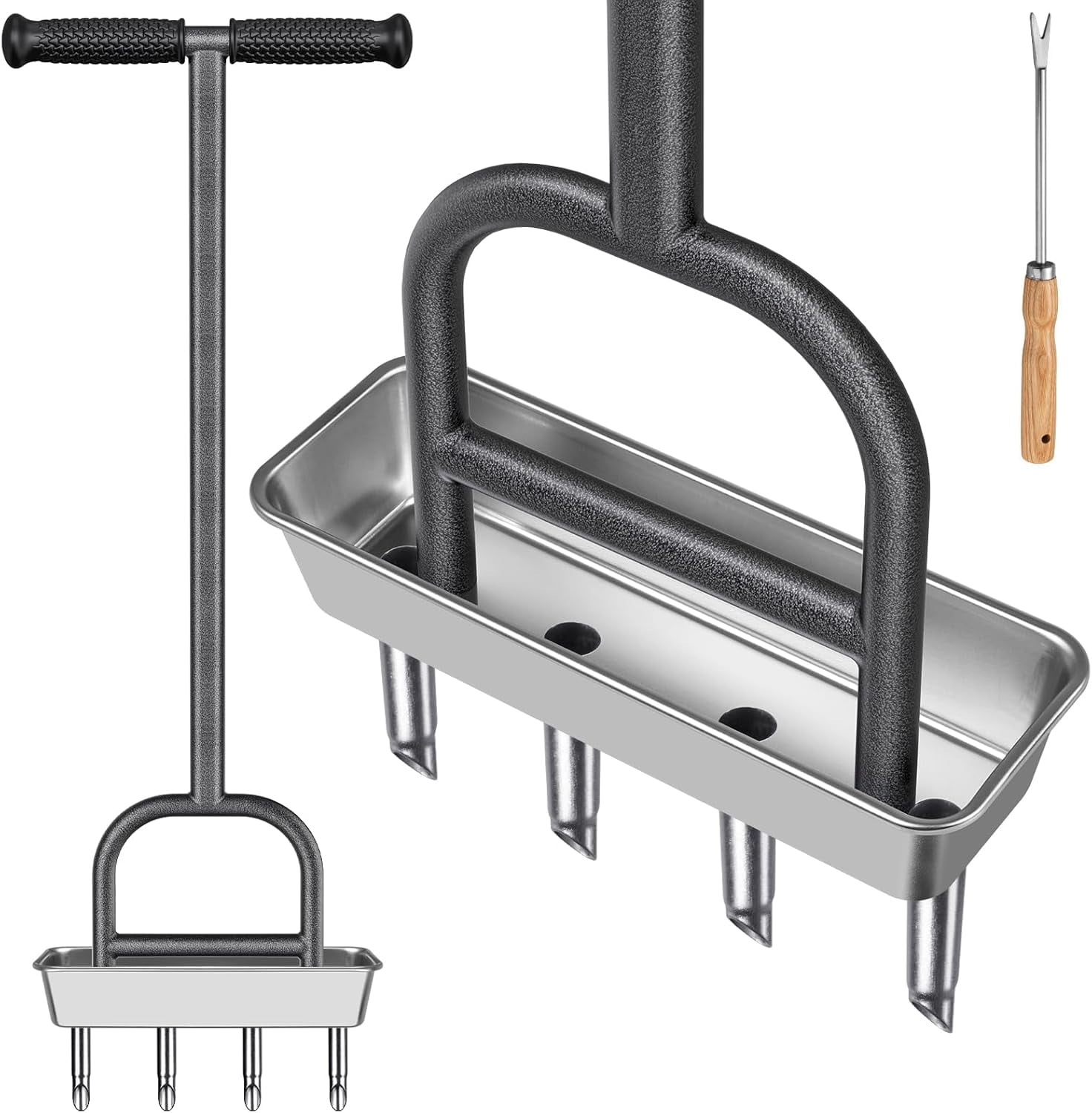 Manual Lawn Aerator with 4 Stainless Steel Coring Tines, Soil Core Storage Tray, and Pre-Assembled Handle for Healthier Grass