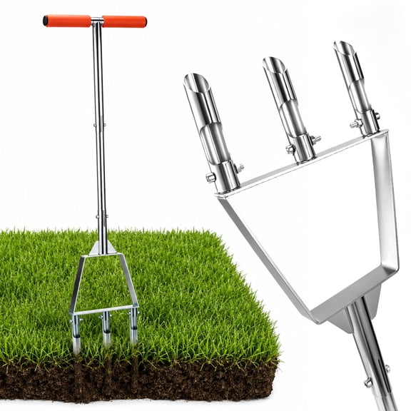 Manual Core Aerator Lawn Tool, 37 in Yard Plug Aerator with 3 Hollow Tines for Compacted Soil, Stainless Steel Grass Aeration Tool with Spikes for Garden Lawn Care