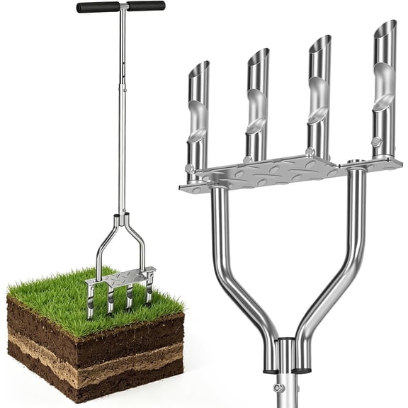 Manual Lawn Core Aerator with 4 Hollow Tines, Adjustable Height Grass Aeration Tool with Widened Footrest, Heavy Duty Plug Aerator for Lawn Yard Soil Compaction Relief