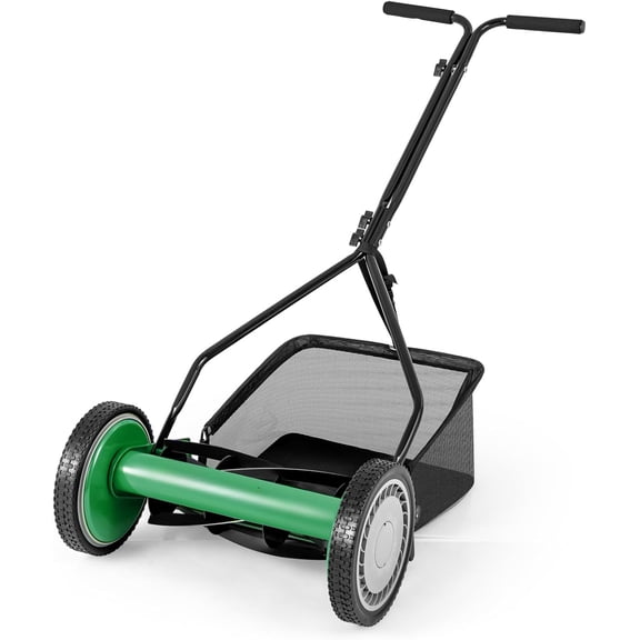 Manual Lawn Mower, 14 Inch 5-Blade Walk-Behind Cordless Grass Cutter with 7 Gallon Removable Grass Collect Bag, Adjustable Cutting Heights, Push Reel Lawn Mower for Yard, Garden