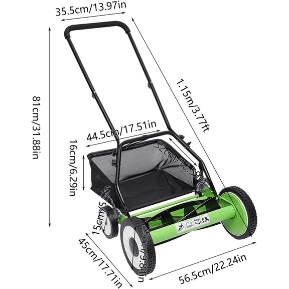 Manual Lawn Mower with Bag - 16 Inch 5-Blade Push Reel Mower for Gardens and Courtyards