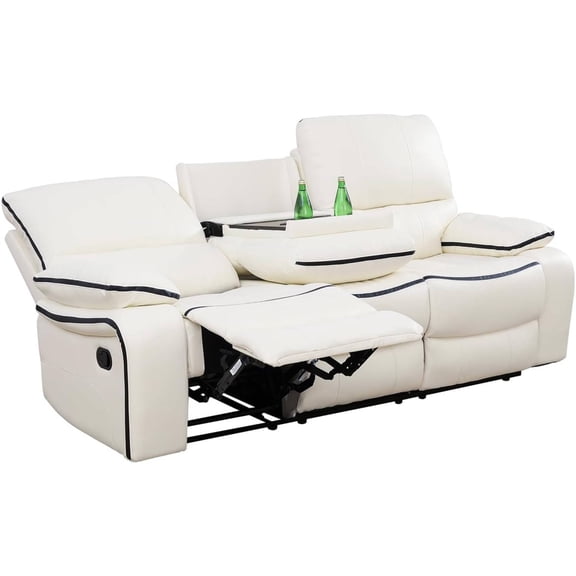 Manual Leather Recliner Chair Reclining Sofa Chair with Drop Down Table & Cup Holder for Living Room, White