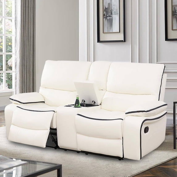 Manual Leather Recliner Chair Reclining Sofa Chair with Storage Console & Cup Holder for Living Room, White