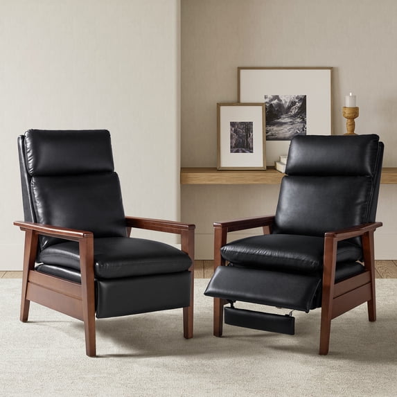 Manual Leather Recliner Chairs Push Back with Wooden Arms Set of 2 for Adults Living Room Black