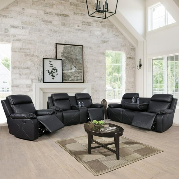 Manual Leather Recliner Sofa Set, Living Room Furniture Set,Leather Sofa Set and Recliner Couch for Home/Office(Leather Recliner Sofa) Black