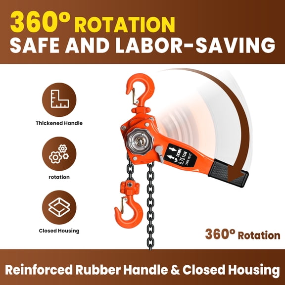 Manual Lever Chain Hoist, 0.75 Ton1650 lbs Capacity 10 FT Come Along, G80 Galvanized Carbon Steel with Double-Pawl Brake, Auto Chain Leading & 360 Rotation Hook, for Garage Factory Dock