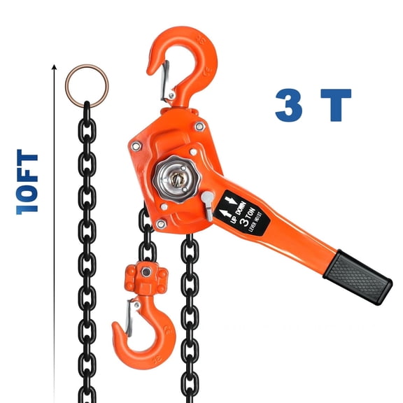 Manual Lever Hoist Come Along 3 Ton 10FT Lift 2 Heavy Duty Hooks Commercial Grade Steel, For Factory Dock and Garages