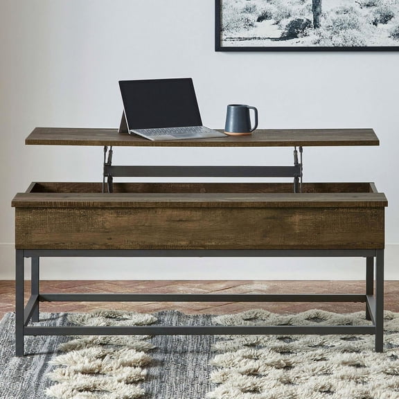 Manual Lift Top Coffee Table | Adapt to Different Seating | Brown Oak Finish and Metal Base | Keep Workspace Tidy
