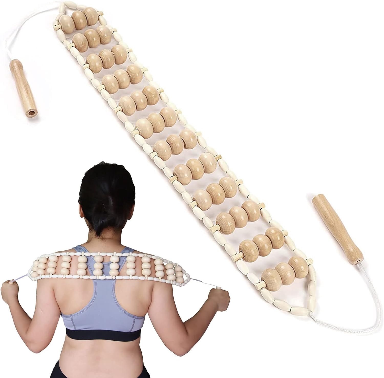 Manual Massage Strap,Portable Handheld Rolling,Wood Back Massager Roller Rope for Back Neck Leg Pain Relief