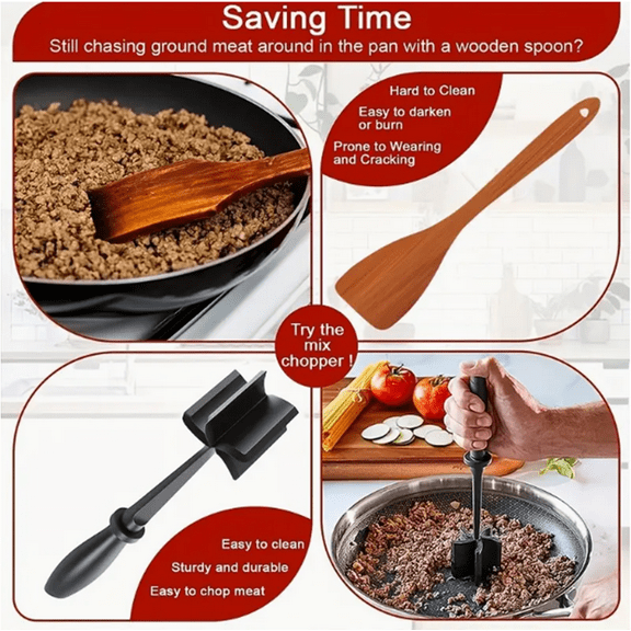 Manual Meat Crusher & Grinder-Heat-Resistant Polypropylene Hamburger Ripper with Non-Stick Surface, Ergonomic Handle and Dual-Purpose Replaceable Blade Kitchen Gadget for Beef Chicken Barbecue Stove