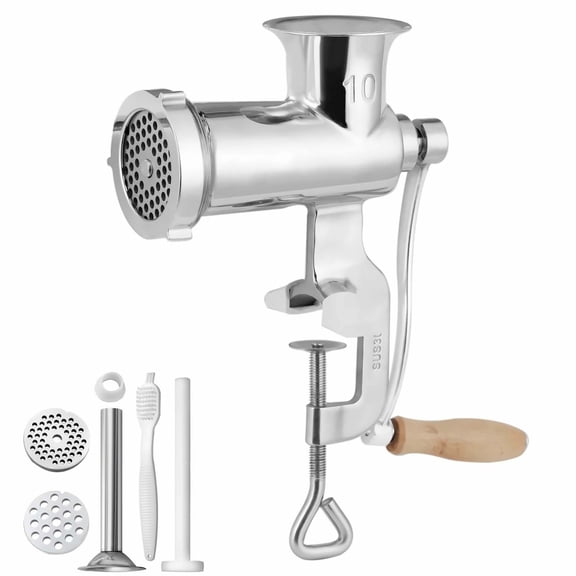 Manual Meat Grinder Stainless Steel Hand Operated, Tabletop Clamp, 2 Plates & Sausage Stuffer for Kitchen Restaurant Butcher