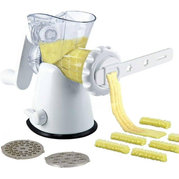 Manual Meat Mincer Grinder & Vegetable Shredder, Biscuit Press Machine Cookie Maker + Churros/Biscuits Pattern Attachment (4 Patterns), White