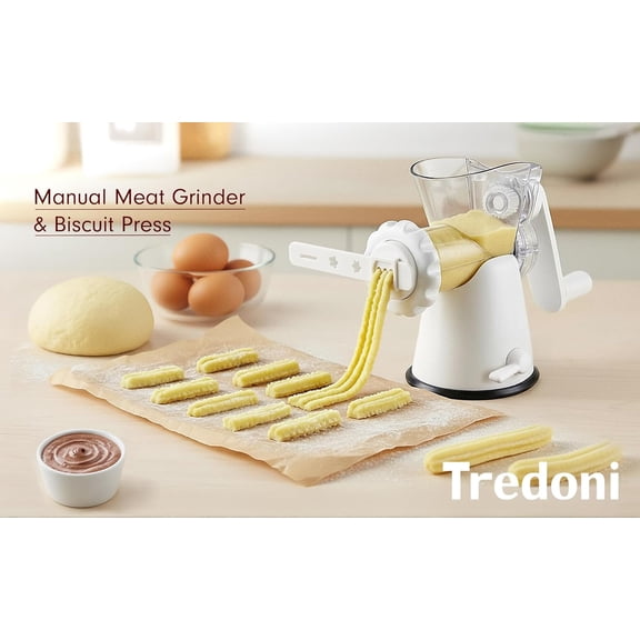 Manual Meat Mincer Grinder & Vegetable Shredder, Biscuit Press Machine Cookie Maker + Churros/Biscuits Patterns Attachment, White