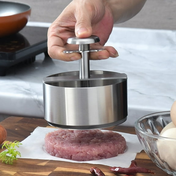 Manual Meat Patty Press | Stainless Steel Burger Maker | Uniform Thick Hamburger Patty Shaper | Compact 10x10x14.5 cm | Easy Clean White Kitchen Tool | 1 Piece