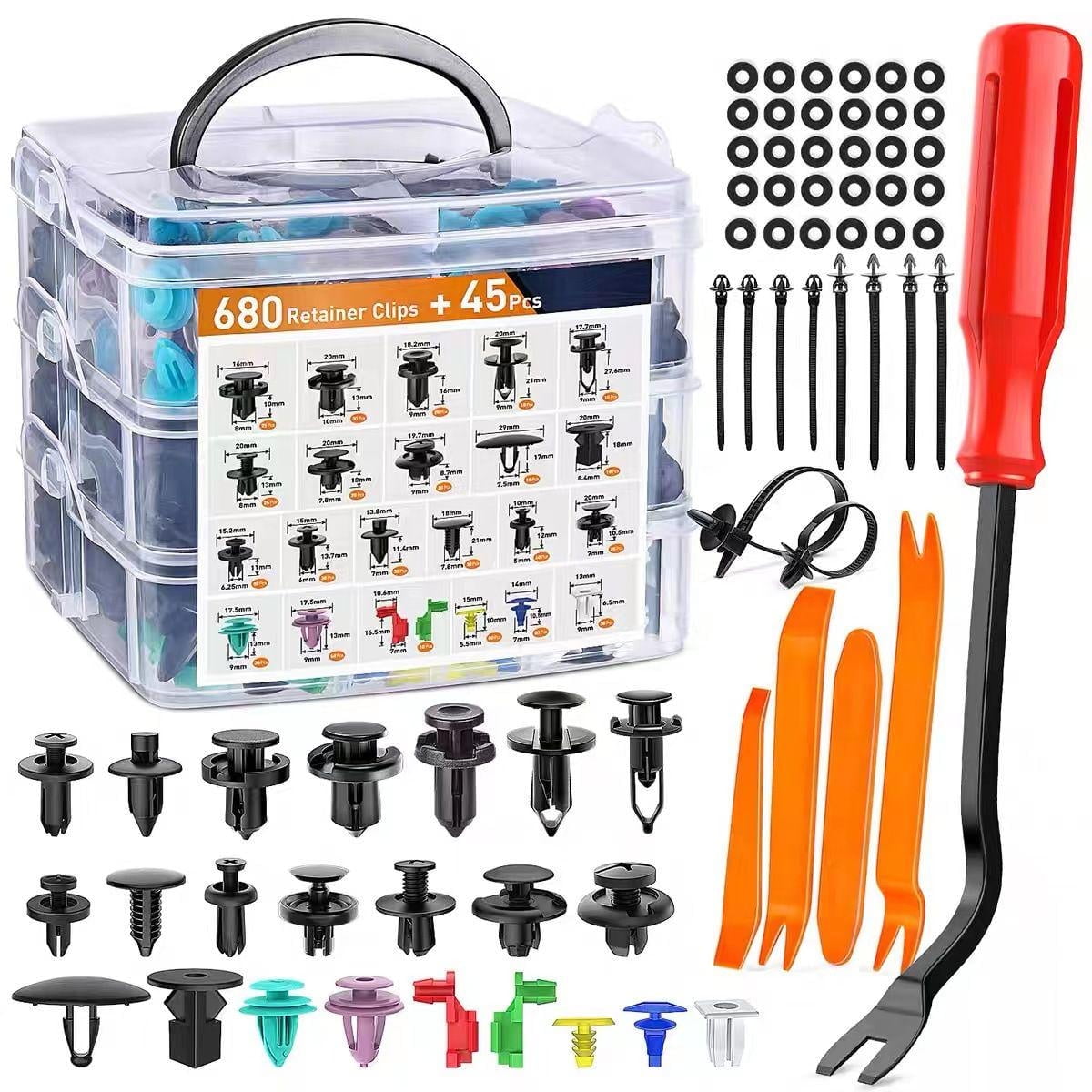 725Pcs Car Push Retainer Clips & Auto Fasteners Assortment -23 Most Popular Sizes Nylon Bumper Fender Rivets with 10 Cable Ties and Fasteners Remover for Toyota GM Ford Honda Chevy