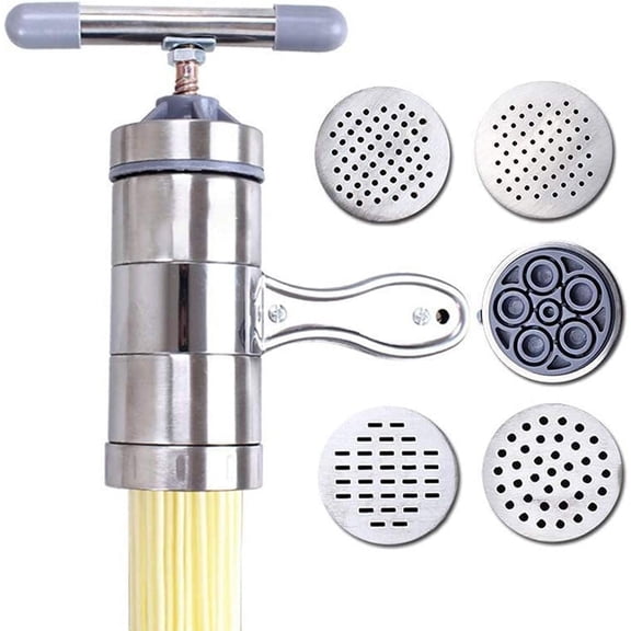 Manual Noodle Maker - Buckwheat Udon, Ramen, and Chinese Noodles Made Easy -Stainless Steel with 5 Caps and Pusher