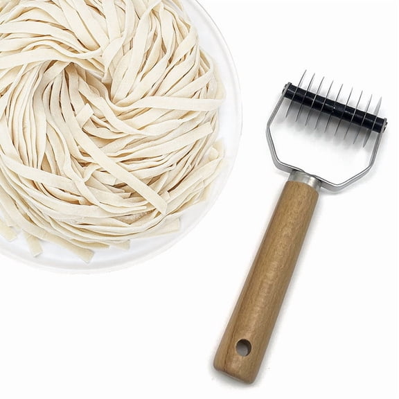 Manual Pasta Cutter and Dough Divider, Wooden Handle Stainless Steel Rolling Pizza Pin, Kitchen Tool for Homemade Noodles Bread and Pie, Dough Press and Slicing Device for Baking