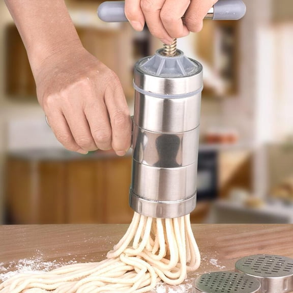 Manual Pasta Maker Machine, Stainless Steel Noodle Maker with 5 Noodle Mould, Hand Crank Fruit Juicer Squeezer Fettuccine Noodle Dough Press Machine for Home, Restaurant, Outdoor Camping