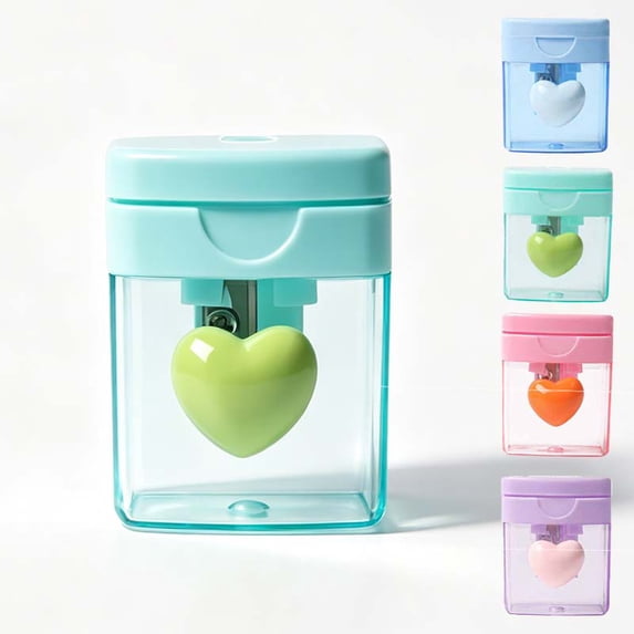 Manual Pencil Sharpener, Portable Cute Heart-Shaped Single Hole with Lid, Back to School Stationery Supplies,Green