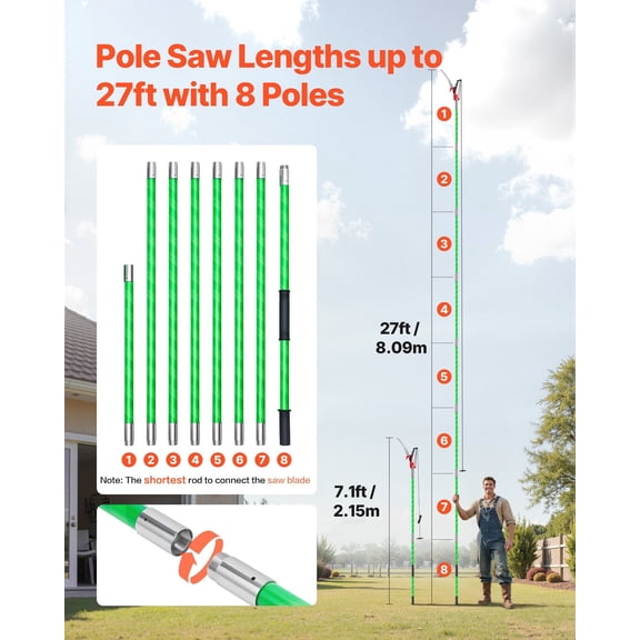 Manual Pole Saw,3.87-27 ft Extendable Pole Tree Pruner with Scissors,Sharp 65Mn Steel Blade,Lightweight Fiberglass Handle Pole,for High Branch Trimming,Pruning Tool for Palms&Shrubs
