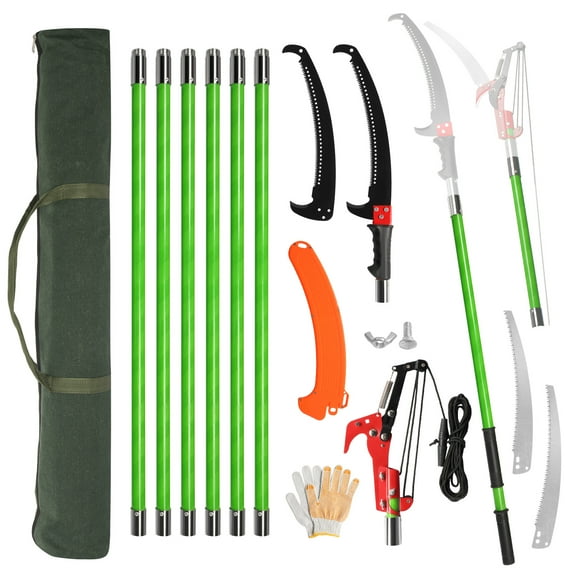 Manual Pole Saw, 30 Feet Extendable Tree Pruner with Knives and Storage Pocket, Sharp Steel Blade and Scissors High Branches Trimming for Pruning Palms and Shrubs