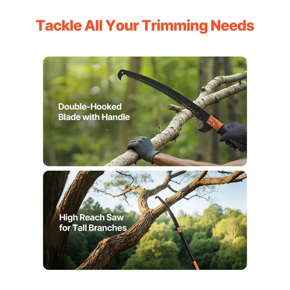 Manual Pole Saw, 4.46-26.4 ft Extendable Tree Pruner, Sharp 65Mn Steel Blade, Lightweight Fiberglass Handle Pole, Two Double-Hook Saws for High Branch Trimming, Pruning Tool for Palms, Shrubs