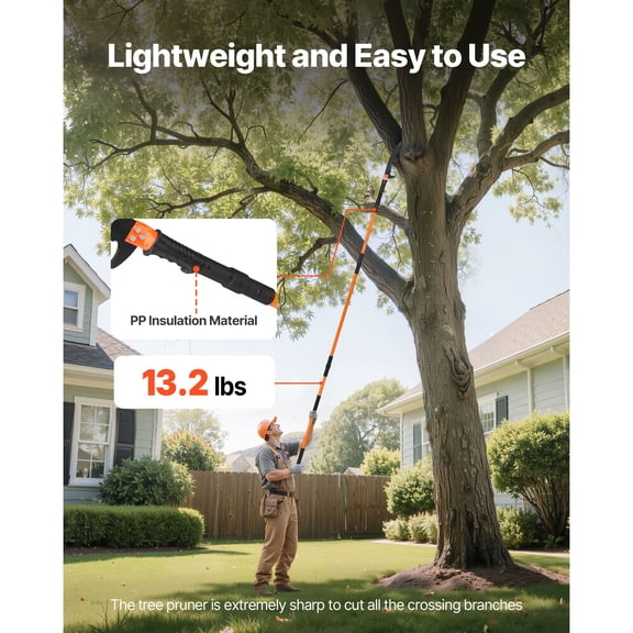 Manual Pole Saw 4.46-26.4 ft Extendable Tree Pruner Sharp 65Mn Steel Blade Lightweight Fiberglass Handle Two Double-Hook Saws for High Branch Trimming Pruning Tool for Palms Shrubs