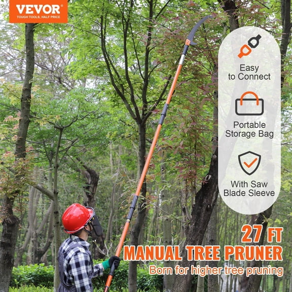 Manual Pole Saw,7.3-27 ft Extendable Tree Pruner,Sharp Steel Blade High Branches Trimming,Manual Branch Trimmer with Lightweight 8 Fiberglass Handles,for Pruning Palms&Shrubs