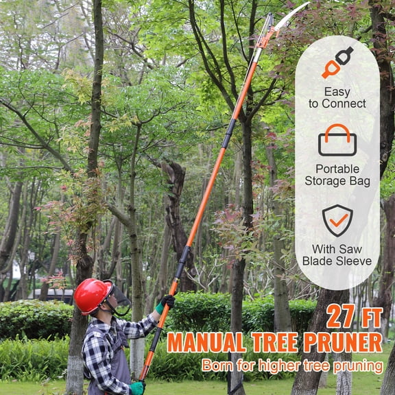 Manual Pole Saw 7.3-27 ft Extendable Tree Pruner Sharp Steel Blade Scissor Action High Branches Trimmer Lightweight 8 Fiberglass Handles for Pruning Palms and Shrubs