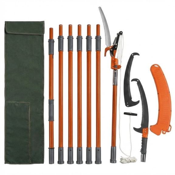 Manual Pole Saw, 7.3-27 ft Extendable Tree Pruner, Sharp Steel Blade and Scissors High Branches Trimming, Branch Trimmer with Lightweight 8 Fiberglass Handles, for Pruning Palms and Shrubs