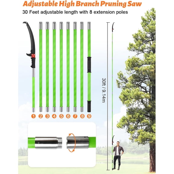 Manual Pole Saw for Effortless High Cutting - 30ft Extendable Tree Pruner with Steel Blade | Lightweight & Pole Saws for Tree Trimming & Cutter for Yard Maintenance