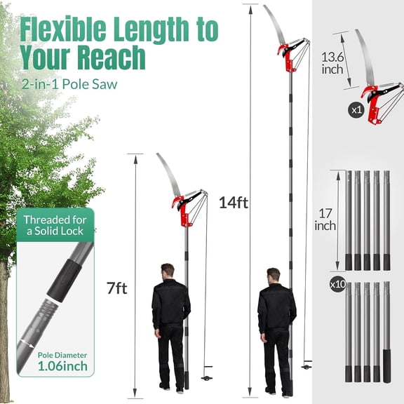 Manual Pole Saw, Pruning Saw, Tree Pruner with Steel Blade & Scissors, Tree Trimmer for High Branches, Palms and Shrubs, 14FT Extendable Long Handle Limb Cutter, Yard Garden Trimming