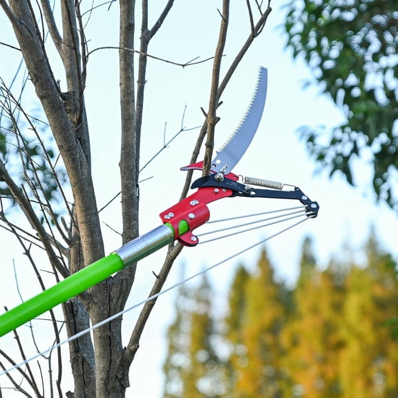 Manual Pole Saw for Tree Trimming, 27 FT Manual tree purner with 8 Fiberglass Handles, steel Blade and Scissors, Easy to Carry and Extendable Design for Tree Maintenance, Green