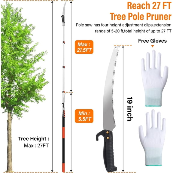 Manual Pole Saws for Tree Trimming, Reach 26 FT Telescoping Pole Saws with Long Pole, Tree Saw with 19" 3X Detachable Saw, Non-Slip Handle and Gloves, Tree Trimmer for Yard Garden Tree Palm Shrub