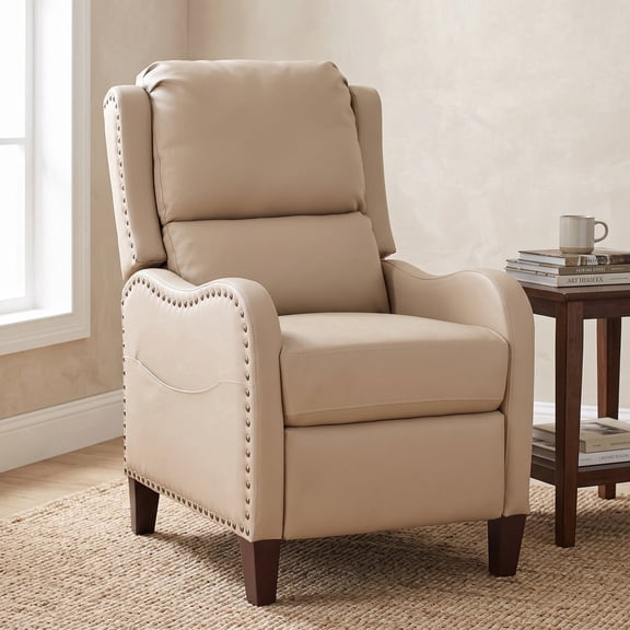 Manual Push Back Faux Leather Wingback Recliner Chair with Nailhead Trim & Side Pocket, Multiple Colors