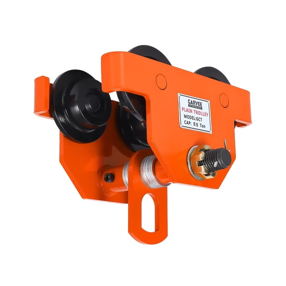 Manual Push Beam Trolley Hoist 0.5 Ton 1100 lb Capacity Adjustable 2.5-7 Inch I-Beam Flange Dual-Wheel Alloy Steel for Straight Curved I H Beams Orange Red