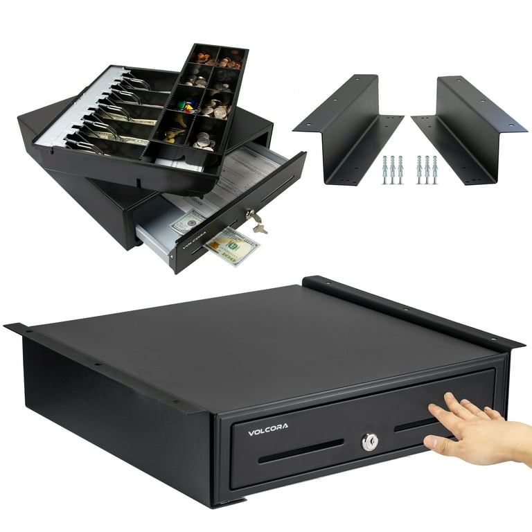 Manual Push Open Cash Register Drawer with Under Counter Mounting Metal  Bracket - 16” Black Front Touch Panel Cash Drawer for POS, Fully Removable  5 Bill 8 Coin Tray, Key-Lock, Double Media