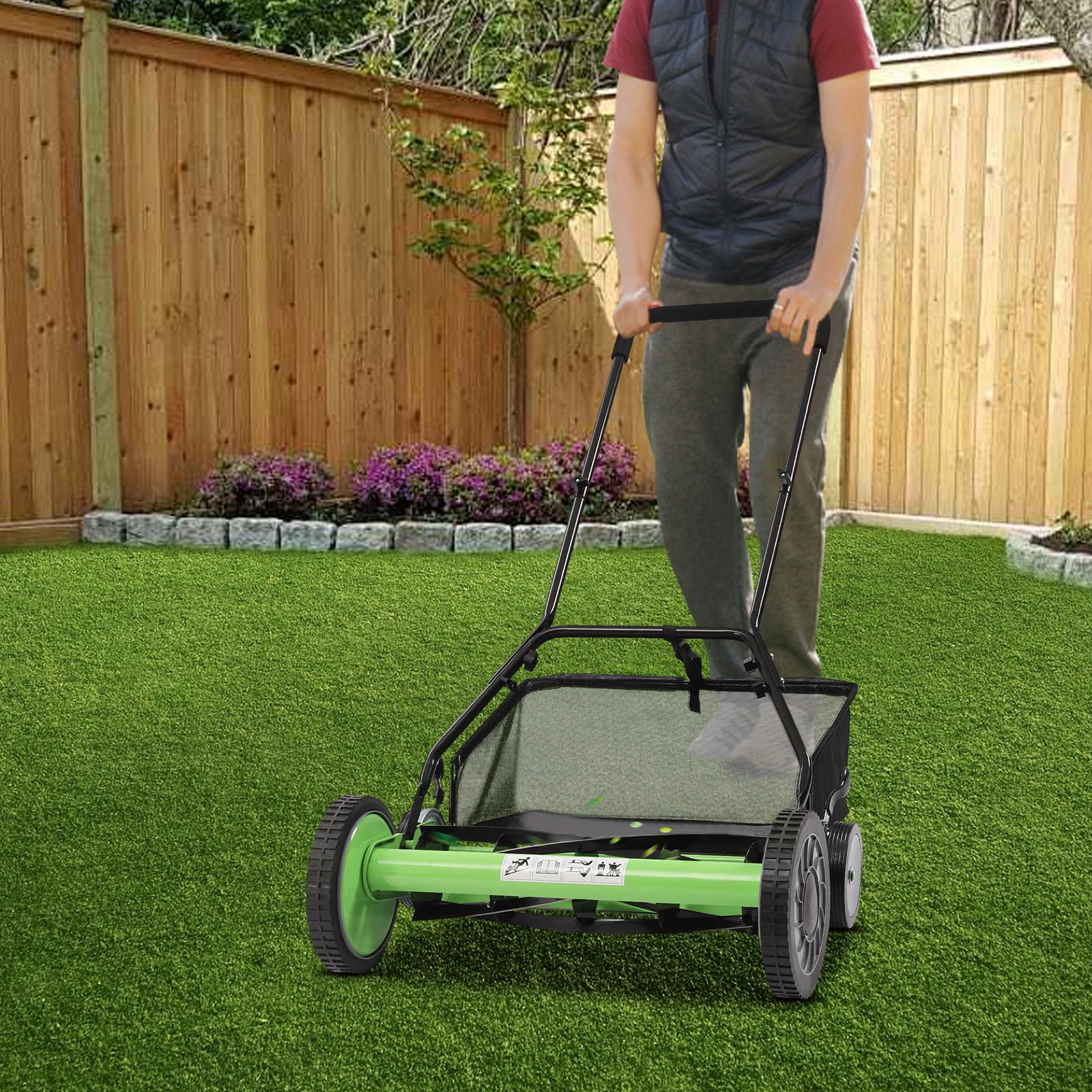 Manual Push Reel Lawn Mower, 20-Inch 5-Blade with 9-Position Height Adjustment, Grass Catcher, Low Noise Operation for Garden and Yard
