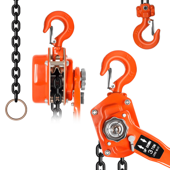 Manual Ratchet Chain Puller Hoist, 10-Foot Lift, with 2 Hooks, G80 Galvanized Carbon Steel, Manual Ratchet Chain Puller, Automotive Shops, Factories, Workshops