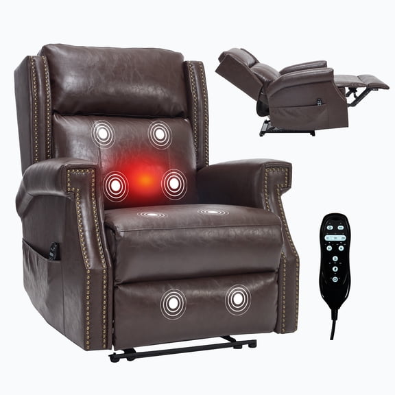 Manual Recliner Chair, Faux Leather Massage Recliner with 8 Vibration Nodes & Lumbar Heat, Heavy-Duty Motion Mechanism, 155° Reclining, Living Room Recliner for Relaxation, Brown