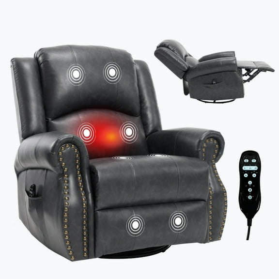Manual Recliner Chair with Heat and Massage for the Elderly, 360° Swivel Rocking Nursery Chair with Side Pocket, Faux Leather Glider Rocker Recliner for Living Room, Grey