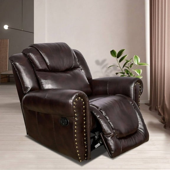 Manual Recliner Chair, Modern Leather Recline Chair with Comfortable Arms Reclining Single Sofa for Living Room, Espresso