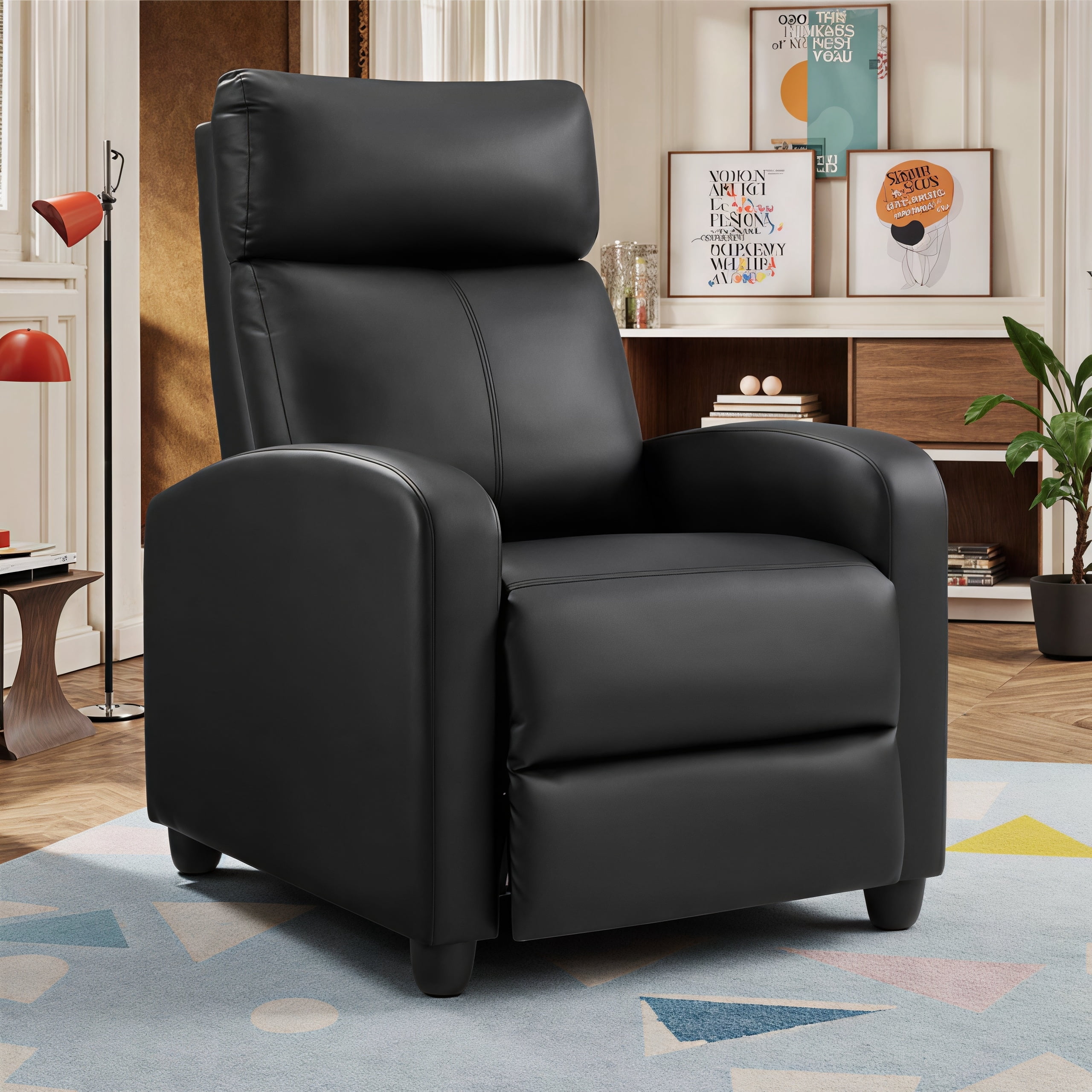 Manual Recliner Chair, PU Leather Upholstered Armchair Accent Sofa with Pop Up Footrest High Density Foam Padding for Small Spaces Living Room Bedroom