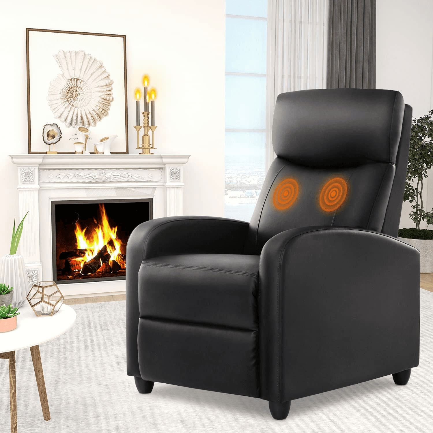 Manual Recliner Chair Sofa with Massage and Heating, Overstuffed Push Back Reline Chair, Lumbar Support Home Theater for Living Room, Black